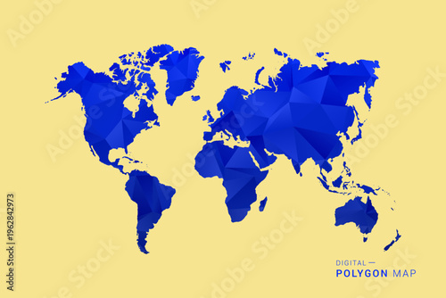 World Map - Low poly polygon map in deep blue gradient on soft beige background, modern minimal geometric design, clean abstract vector illustration with faceted triangulated style.
