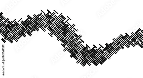 Wavy abstract pattern, composed of intricate interlocking black geometric shapes on a pristine white background, creates a dynamic visual texture suitable for modern backgrounds, website headers,.