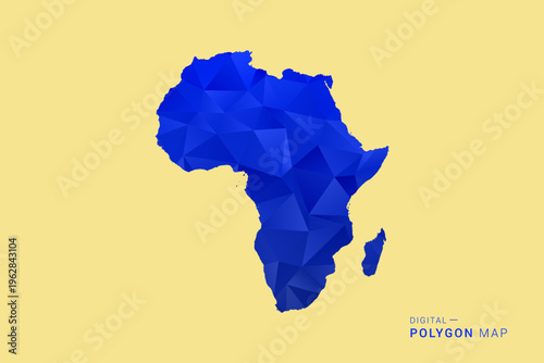Africa Map - Low poly polygon map in deep blue gradient on soft beige background, modern minimal geometric design, clean abstract vector illustration with faceted triangulated style.