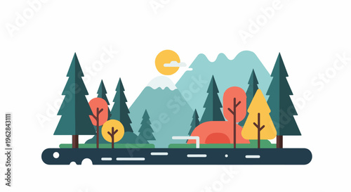 Flat landscape featuring a stylized forest scene with mountains and a sun