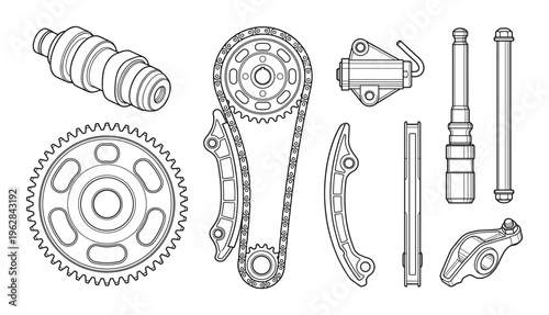 Internal combustion engine timing chain kit and camshaft components outline vector illustration set