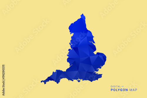 England Map - Low poly polygon map in deep blue gradient on soft beige background, modern minimal geometric design, clean abstract vector illustration with faceted triangulated style.