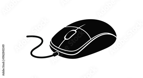 Wired computer mouse rendered as a stark black silhouette, symbolizing essential technology and digital interaction, with its ergonomic design clearly visible against a clean white background, ideal.