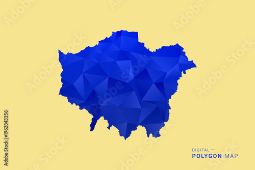 London Map - Low poly polygon map in deep blue gradient on soft beige background, modern minimal geometric design, clean abstract vector illustration with faceted triangulated style.