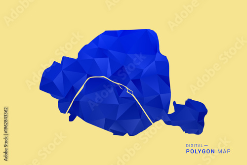 Paris Map - Low poly polygon map in deep blue gradient on soft beige background, modern minimal geometric design, clean abstract vector illustration with faceted triangulated style.