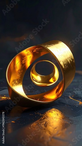 Golden M?bius strip sculpture floating against a dark, textured backdrop