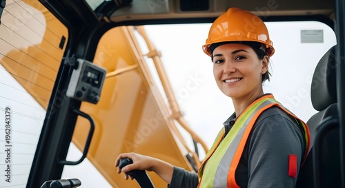Confident Female Excavator Operator in Hard Hat and Safety Vest Smiling Inside Machinery Cabin