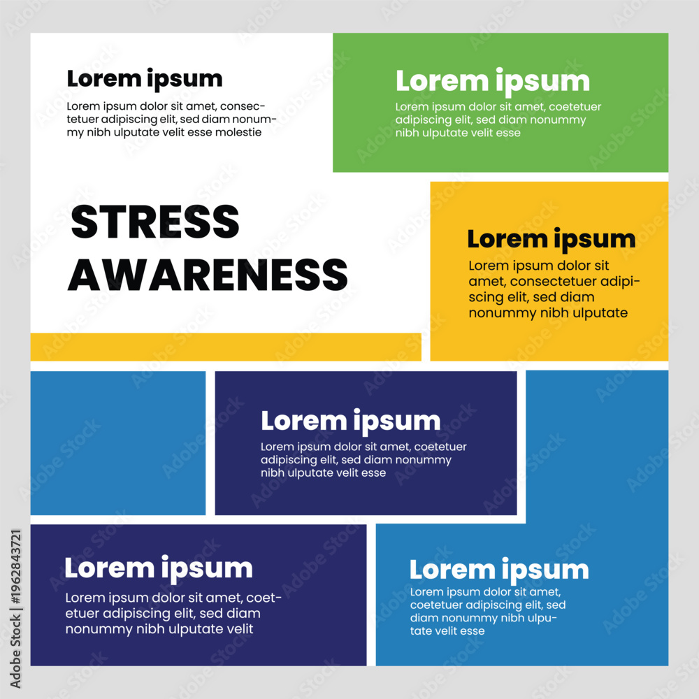 Fototapeta premium Stress Awareness infographic layout with colored boxes and placeholder text clean modern vector design for mental health education