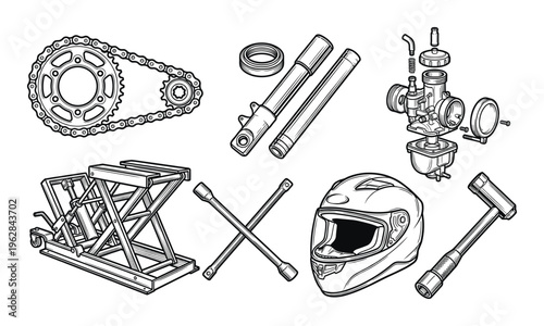 Motorcycle maintenance gear set featuring drive chain lift stand carburetor helmet and repair tools