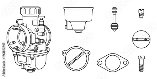 Motorcycle carburetor parts and internal components technical drawing collection vector illustration