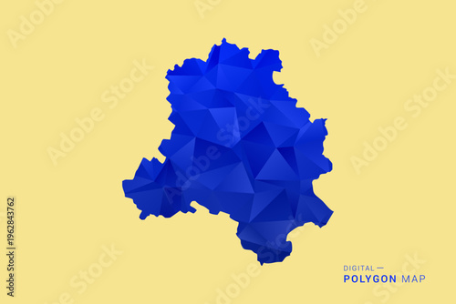 NEW Delhi Map - Low poly polygon map in deep blue gradient on soft beige background, modern minimal geometric design, clean abstract vector illustration with faceted triangulated style.
