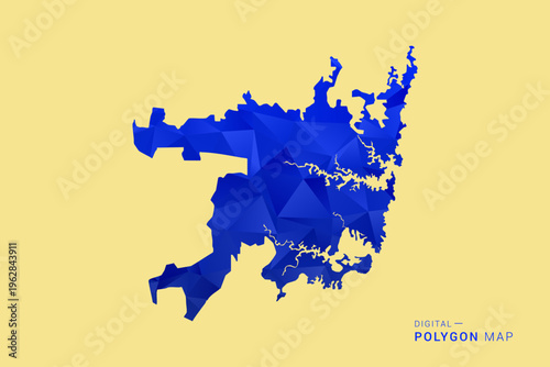 Sydney Map - Low poly polygon map in deep blue gradient on soft beige background, modern minimal geometric design, clean abstract vector illustration with faceted triangulated style.