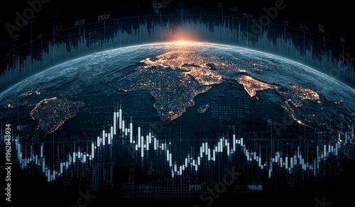 Vector illustration of global financial market with dark blue background, stock market charts and graphs foreground, globe featuring candlestick trading lines, representing worldwide business sales da