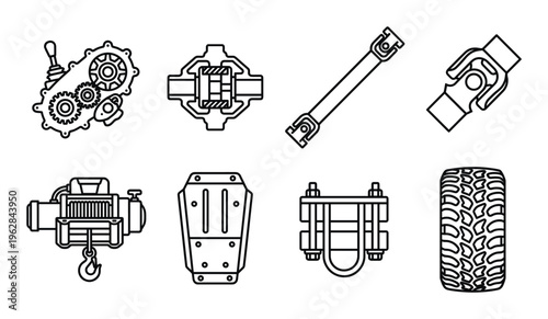 Off-road vehicle parts set outline vector illustration. transfer case differential drive shaft winch