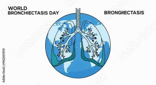 Illustration of human lungs with bronchiectasis inside a blue globe with World Bronchiectasis Day text