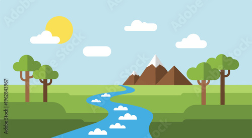 Flat landscape featuring a sunny day, mountains, river, and trees