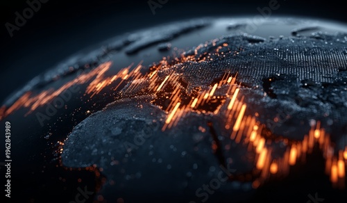 Vector illustration of global financial market with dark blue background, stock market charts and graphs foreground, globe featuring candlestick trading lines, representing worldwide business sales da