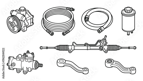 Power steering system components set line art isolated on gray checkered background isometric vector illustration