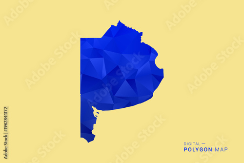 Buenos Aires Map - Low poly polygon map in deep blue gradient on soft beige background, modern minimal geometric design, clean abstract vector illustration with faceted triangulated style.