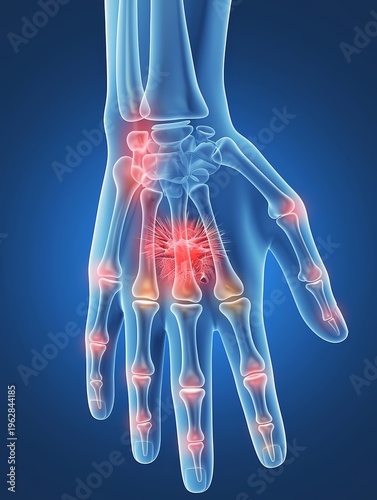 3D rendered medical illustration of human hand with joint pain highlighted in red on blue background, detailed anatomical diagram showing inflammation locations.