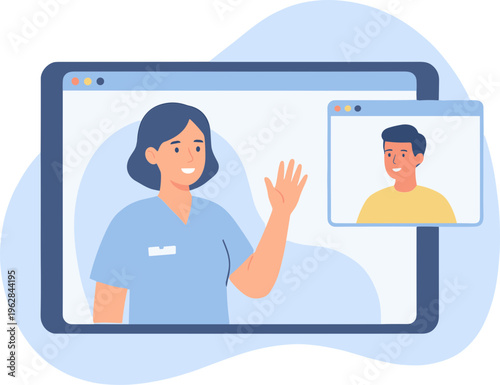 Two people wave at each other during a virtual meeting on a computer screen