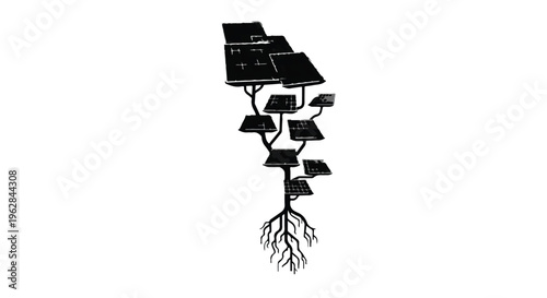 Abstract illustration of a dark tree-like structure with branching platforms growing upwards from a tangled root system.