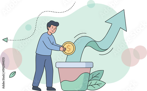Man putting gold coin into a growing plant pot with upward arrow