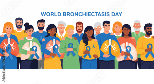 Illustration of diverse people holding blue ribbons and lungs on World Bronchiectasis Day against a clean white background with a supportive and awareness mood.