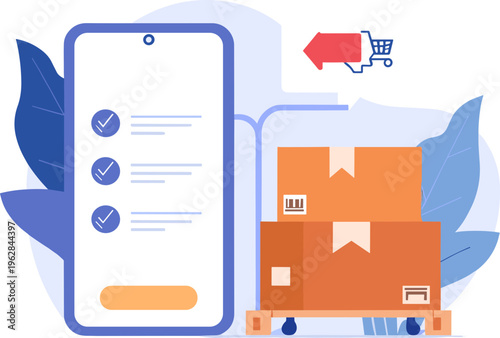 A smartphone displays a delivery checklist next to boxes on a cart with a shopping cart icon.