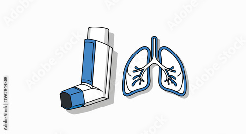 Illustration of an asthma inhaler and human lungs on a white background, conveying a medical concept.
