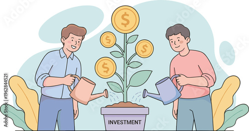 Two men watering a plant with coins growing out of it labeled investment