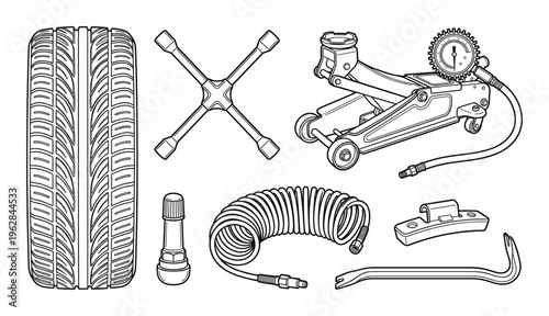 Set of auto repair tire service tools, line art icons on transparent background