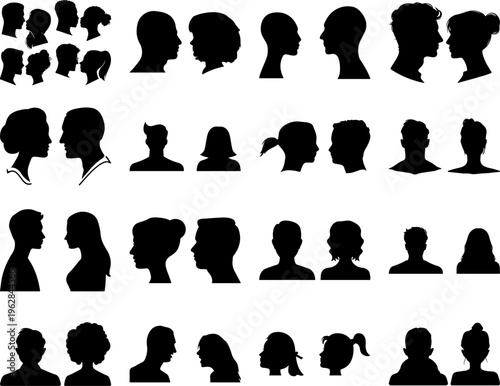 Profile head silhouettes, 28 people icons, human faces