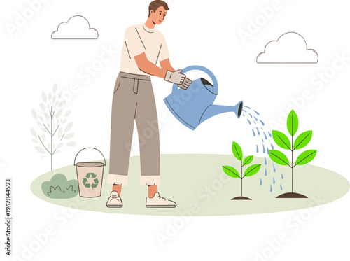 Man watering plants with a blue watering can in a garden