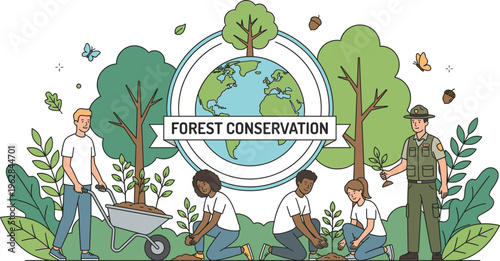 People planting trees and conserving forest with globe illustration