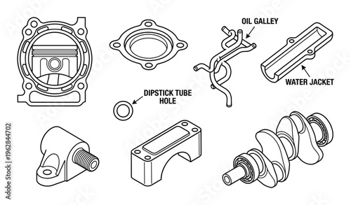 Set of automotive engine components in black and white line art on transparent background
