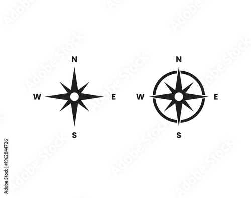 Compass Rose Navigator Icon Set: Black and White Minimalist North South East West Directional Symbols for Map and Travel Design