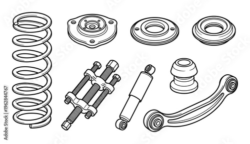 Set of automotive suspension system components in line art on transparent background