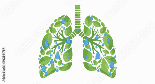 Illustration of green lungs with blue and green leaves on a white background, symbolizing healthy respiration and nature.