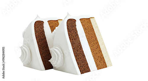 Slices of Triple Chocolate Layer Cake with White Frosting and Swirls