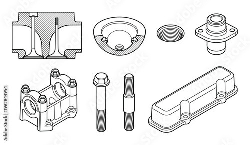 Set of black and white mechanical engine parts isolated on transparent background