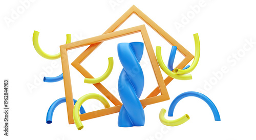 Abstract Geometric Composition with Twisted Blue Form and Orange Squares