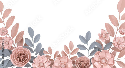 Delicate Floral Border with Peach and Gray Leaves