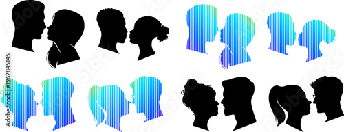 Romantic couple silhouettes. 8 vector profile icons set.