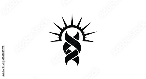 A stylized black silhouette depicts a DNA double helix intertwined beneath a radiant sunburst, symbolizing science, life, and discovery.
