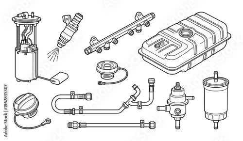 Set of car fuel system parts isolated on transparency background vector illustration in outline style