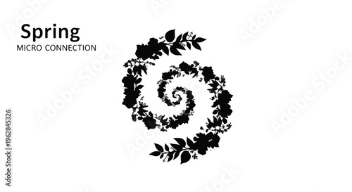 A delicate spiral of black floral silhouettes, featuring leaves and blossoms, elegantly unfolds against a stark white background, representing natural beauty and organic patterns.