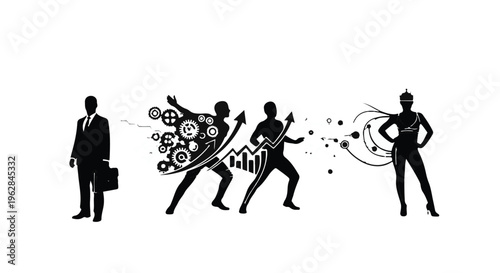 Silhouetted businessmen dynamically interact with abstract gears and upward trending graphs, illustrating a concept of business growth and transformation with a clear beginning and end.