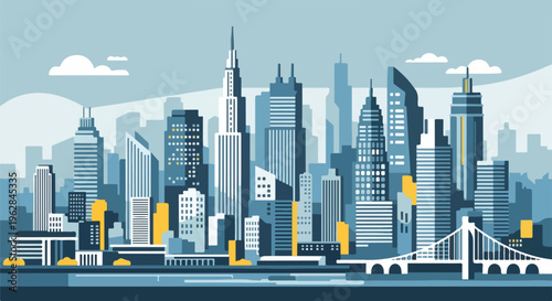 Modern abstract urban skyline featuring stylized buildings, bridge, and clouds