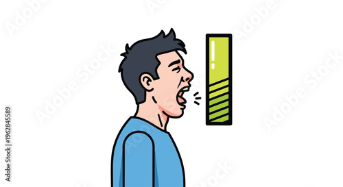 An illustration depicts a man with dark gray hair and a light blue shirt yawning in profile next to a vertical green striped battery indicator bar.